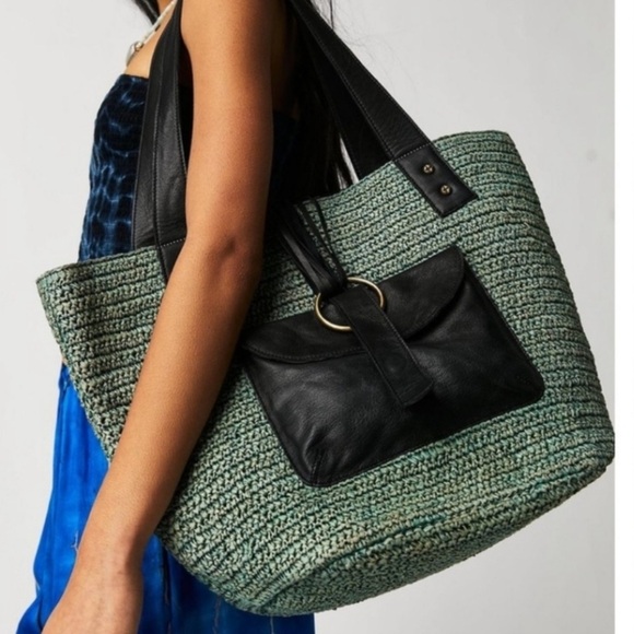 NWT Free People En Riva Raffia Tote Teal - Picture 4 of 7